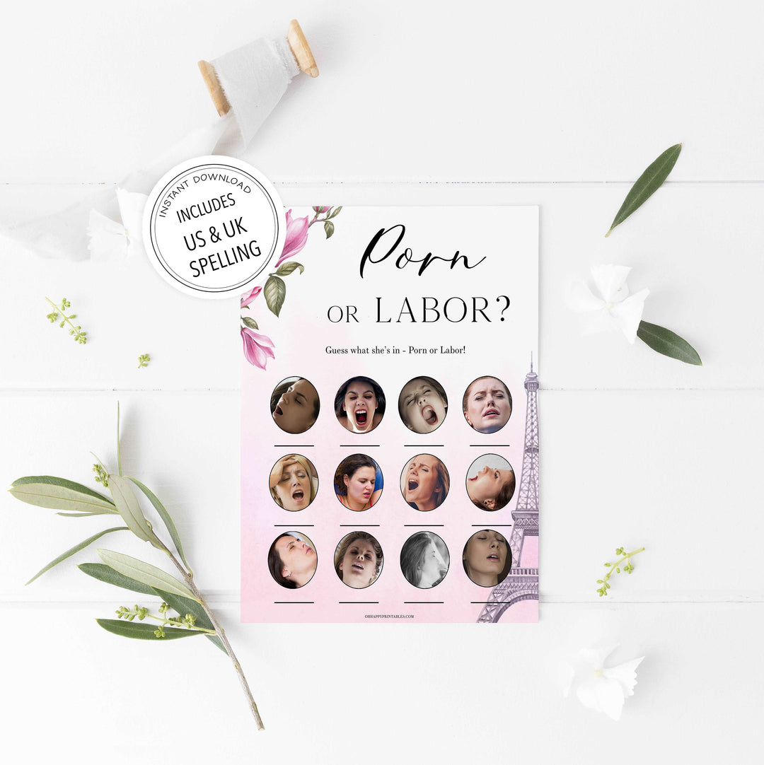 porn or labor, baby bump or beer belly game, Parisian baby shower games, printable baby shower games, Paris baby shower games, fun baby shower games