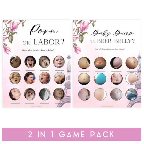 porn or labor, baby bump or beer belly game, Parisian baby shower games, printable baby shower games, Paris baby shower games, fun baby shower games