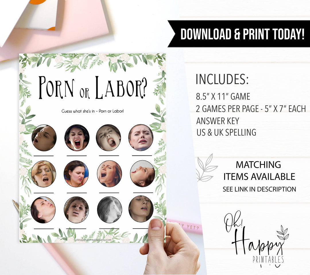 Porn or Labor Game, Porn or Labour, Porn or Labor, Porn Labor, Porn Labour, Greenery, Baby Shower Game, Labor Porn, Labour or Porn Game, printable baby games, fun baby games, popular baby games