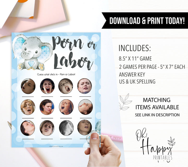 Blue elephant baby games, labor or porn, porn or labour, elephant baby games, printable baby games, top baby games, best baby shower games, baby shower ideas, fun baby games, elephant baby shower