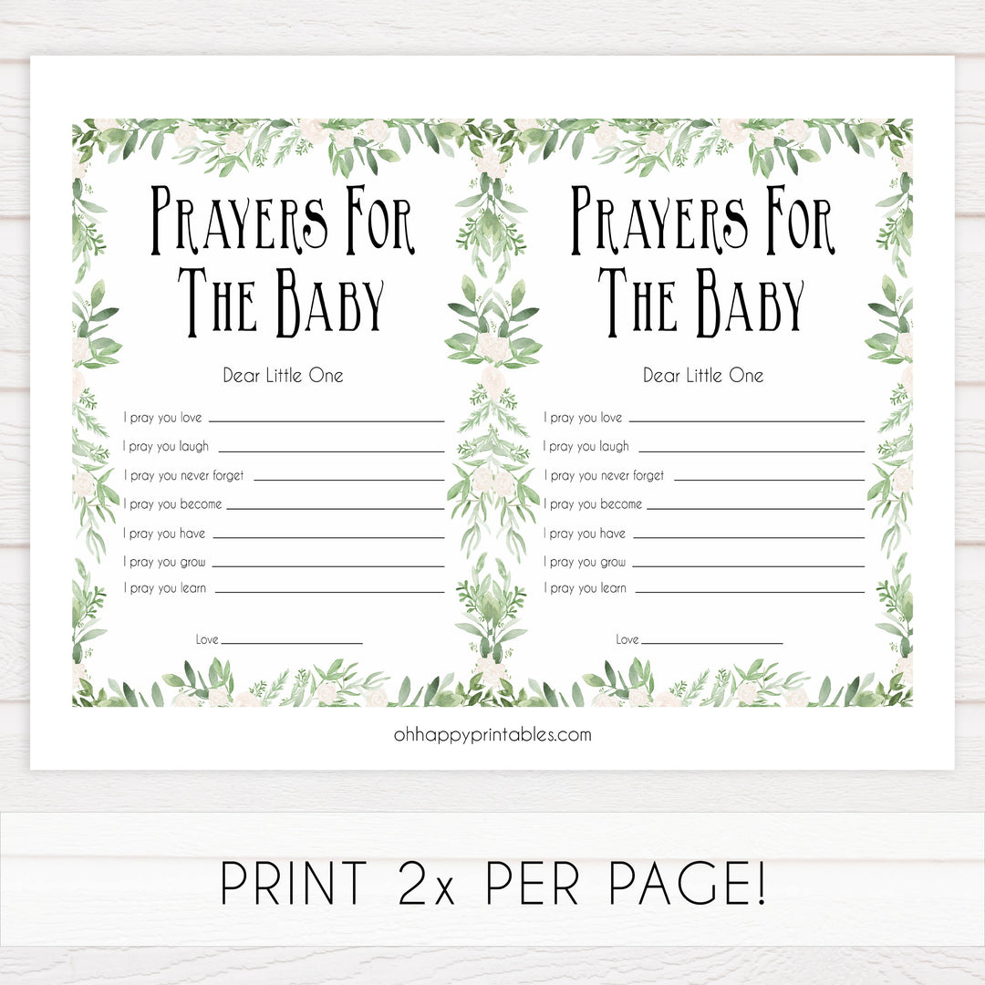 Greenery Prayers For The Baby, Baby Prayers, Prayers for The Baby, Green Baby Shower, Baby Shower Baby Prayers, Baby Prayers Cards, printable baby games, fun baby games, popular baby games