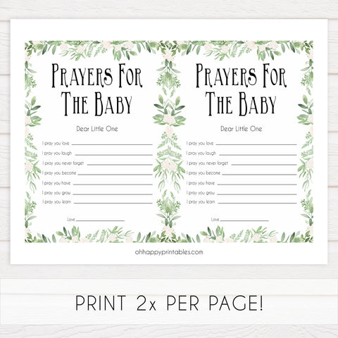 Greenery Prayers For The Baby, Baby Prayers, Prayers for The Baby, Green Baby Shower, Baby Shower Baby Prayers, Baby Prayers Cards, printable baby games, fun baby games, popular baby games