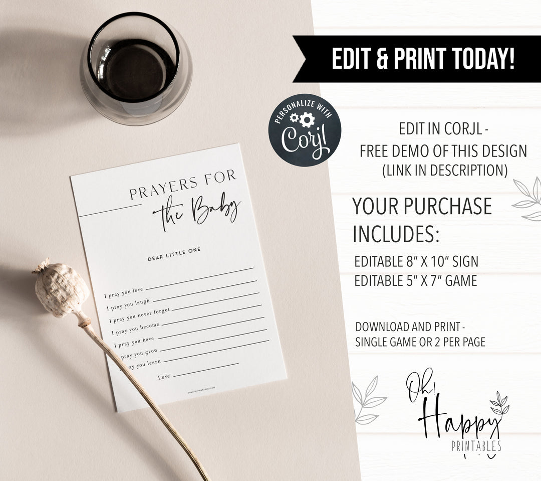 Printable baby shower game Prayers For The Baby with a modern minimalist design