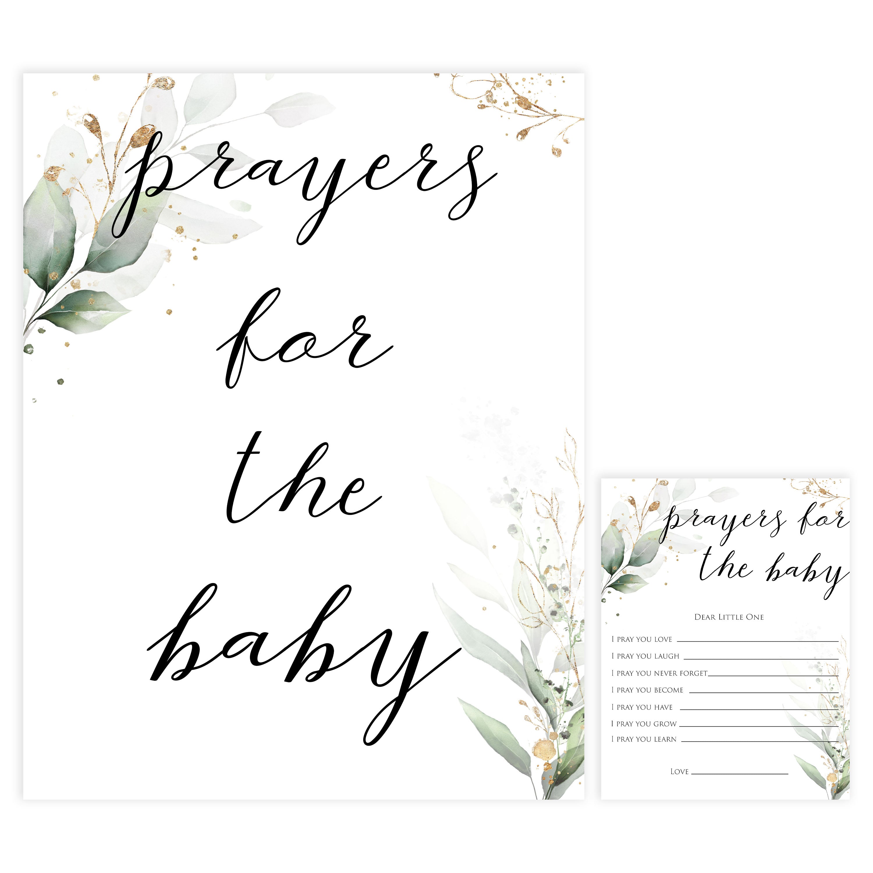 Gold green leaf baby games, prayers for the baby, printable baby games, fun baby games, top baby games to play, gold leaf baby shower, greenery baby shower ideas