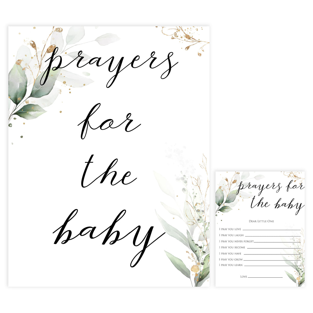 Gold green leaf baby games, prayers for the baby, printable baby games, fun baby games, top baby games to play, gold leaf baby shower, greenery baby shower ideas