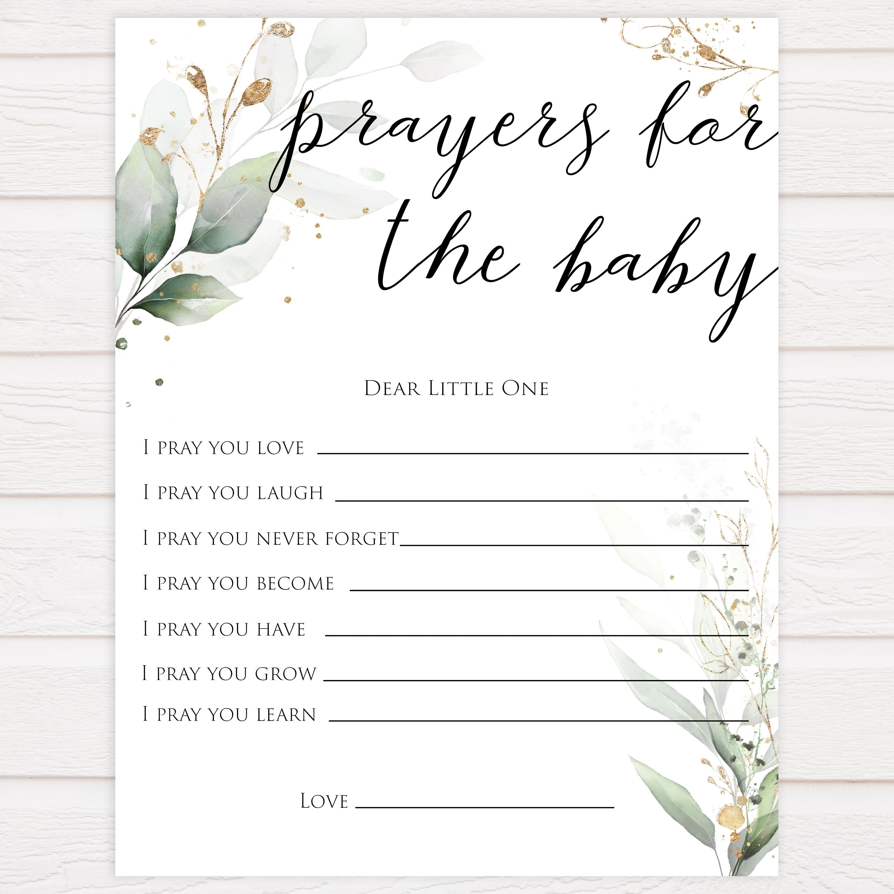 Gold green leaf baby games, prayers for the baby, printable baby games, fun baby games, top baby games to play, gold leaf baby shower, greenery baby shower ideas