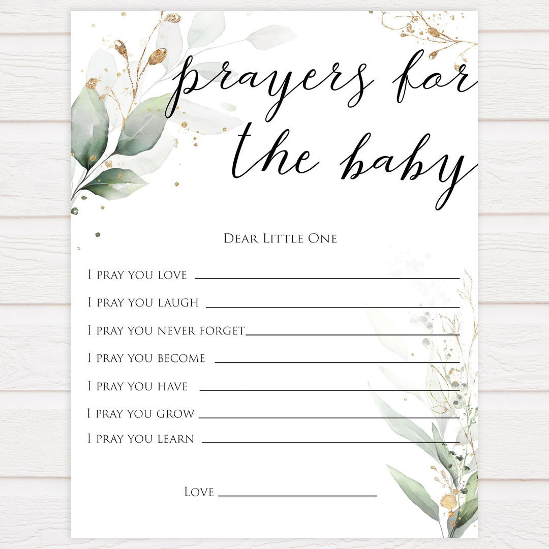 Gold green leaf baby games, prayers for the baby, printable baby games, fun baby games, top baby games to play, gold leaf baby shower, greenery baby shower ideas