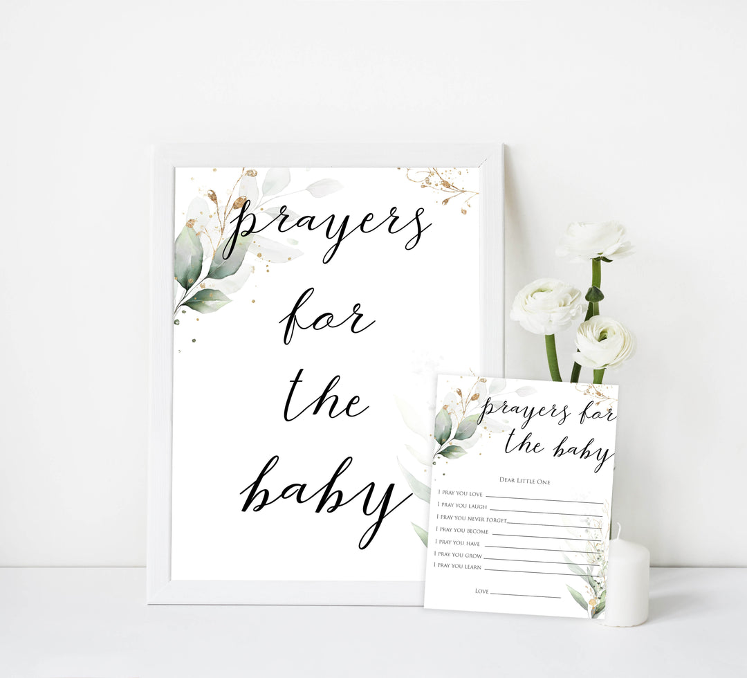 Gold green leaf baby games, prayers for the baby, printable baby games, fun baby games, top baby games to play, gold leaf baby shower, greenery baby shower ideas