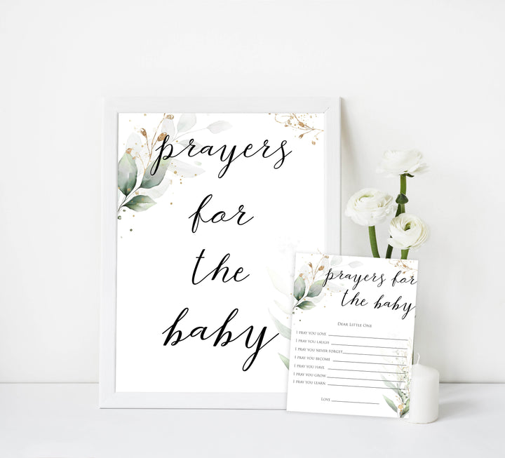 Gold green leaf baby games, prayers for the baby, printable baby games, fun baby games, top baby games to play, gold leaf baby shower, greenery baby shower ideas