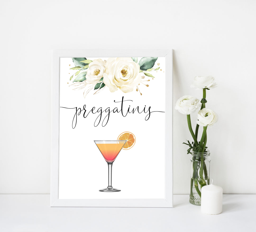 preggatinis baby table signs, White floral baby decor, printable baby table signs, printable baby decor, baby botanical table signs, fun baby signs, baby white floral fun baby table signs
