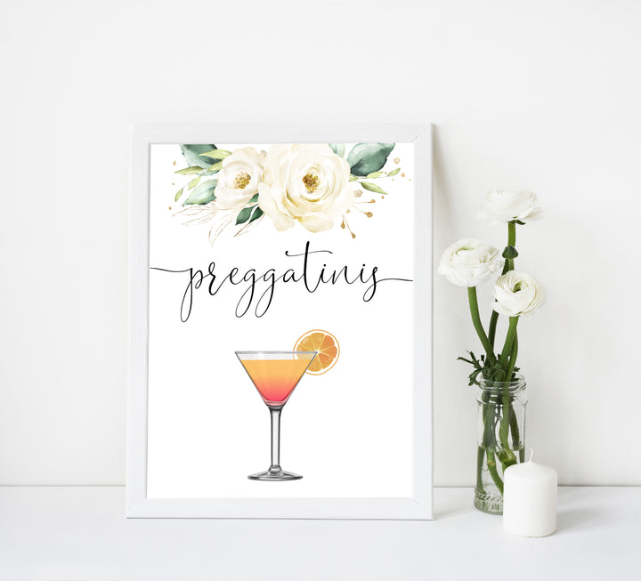 preggatinis baby table signs, White floral baby decor, printable baby table signs, printable baby decor, baby botanical table signs, fun baby signs, baby white floral fun baby table signs