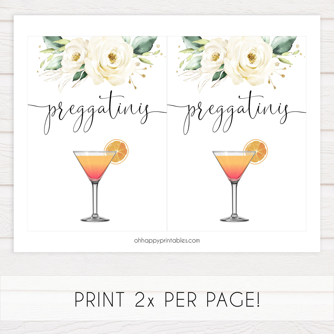 preggatinis baby table signs, White floral baby decor, printable baby table signs, printable baby decor, baby botanical table signs, fun baby signs, baby white floral fun baby table signs