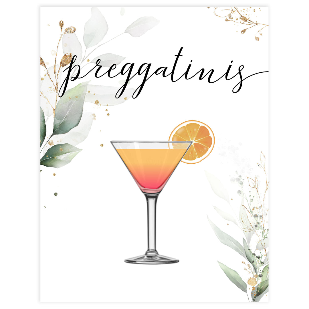 Gold green leaf baby signs, preggatinis, printable baby shower decor, fun baby signs, top baby games to play, gold leaf baby shower decor, greenery baby shower ideas