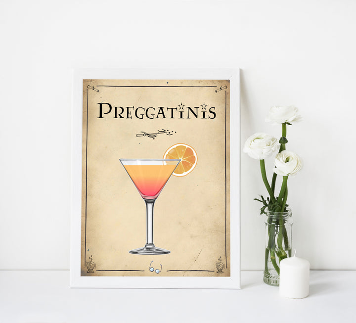 Preggatinis Sign, Wizard baby shower signs, printable baby shower decor, Harry Potter baby decor, Harry Potter baby shower ideas, fun baby decor, fun baby signs