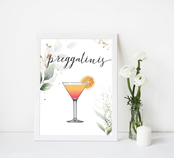 Gold green leaf baby signs, preggatinis, printable baby shower decor, fun baby signs, top baby games to play, gold leaf baby shower decor, greenery baby shower ideas