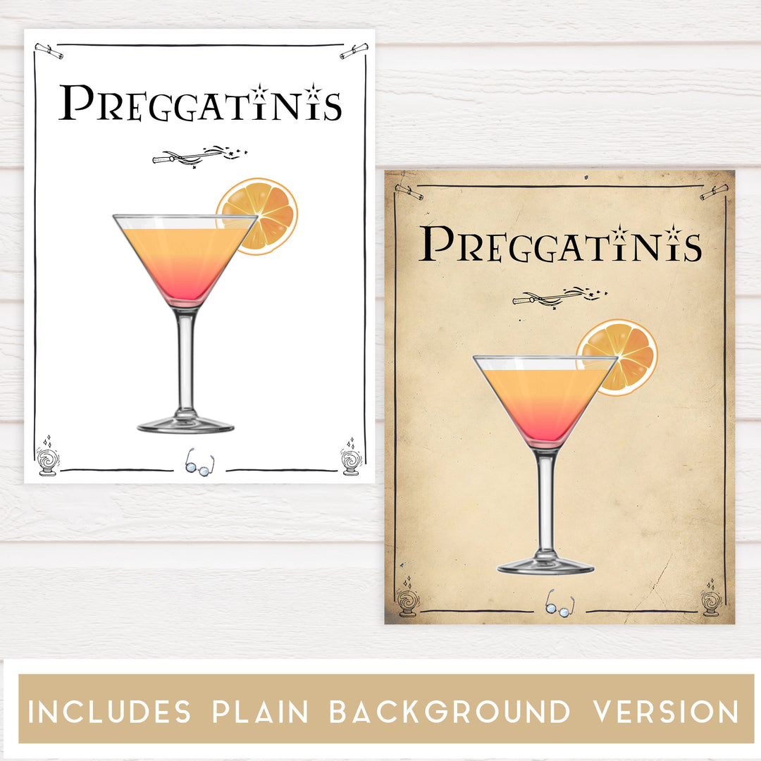Preggatinis Sign, Wizard baby shower signs, printable baby shower decor, Harry Potter baby decor, Harry Potter baby shower ideas, fun baby decor, fun baby signs