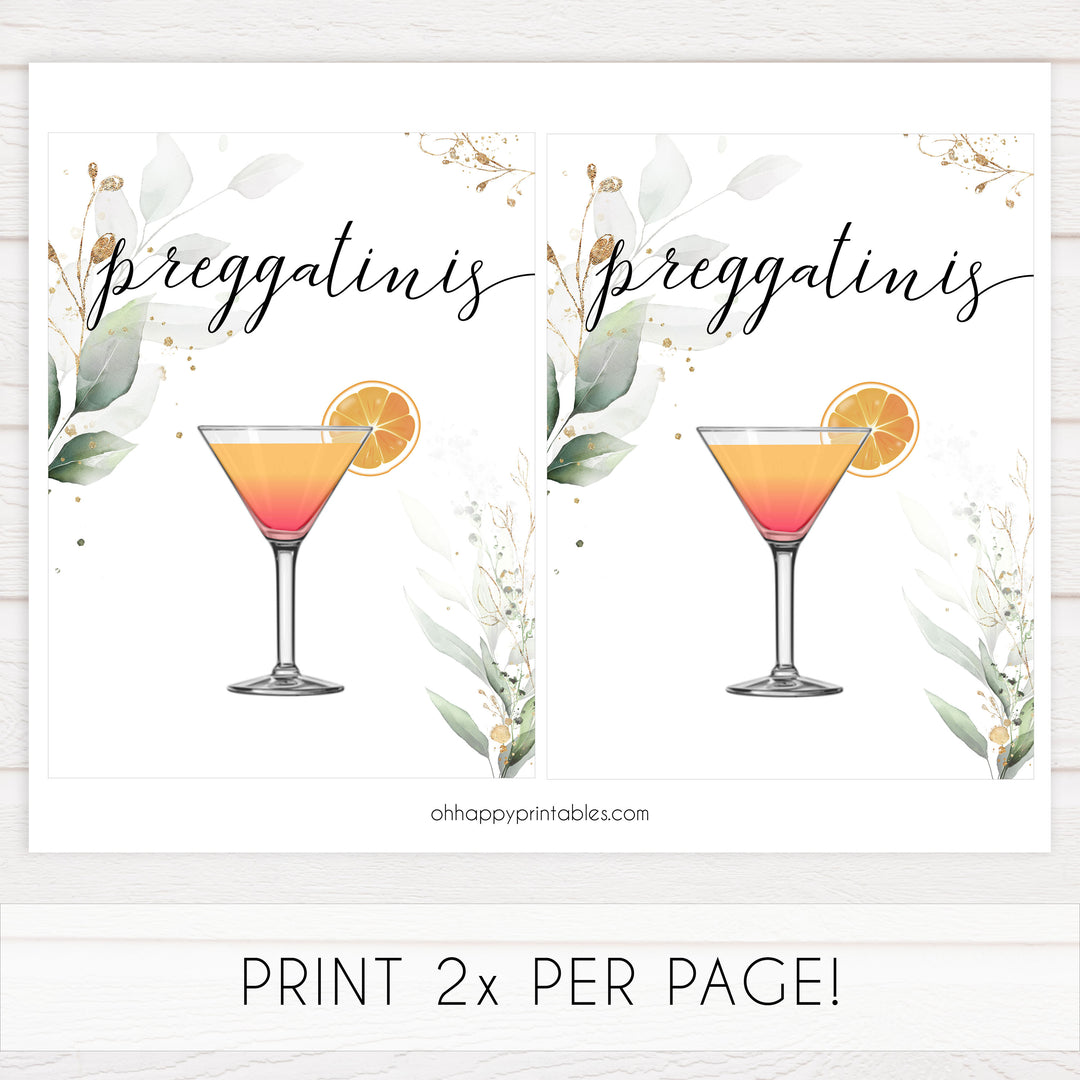 Gold green leaf baby signs, preggatinis, printable baby shower decor, fun baby signs, top baby games to play, gold leaf baby shower decor, greenery baby shower ideas