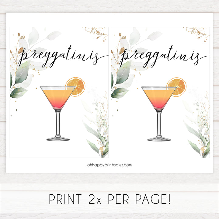 Gold green leaf baby signs, preggatinis, printable baby shower decor, fun baby signs, top baby games to play, gold leaf baby shower decor, greenery baby shower ideas