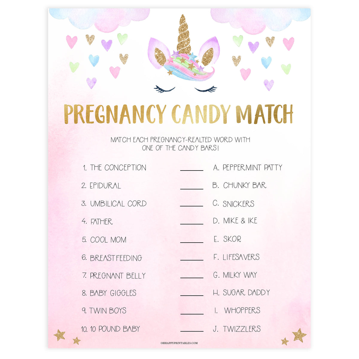 pregnancy candy match game, Printable baby shower games, unicorn baby games, baby shower games, fun baby shower ideas, top baby shower ideas, unicorn baby shower, baby shower games, fun unicorn baby shower ideas