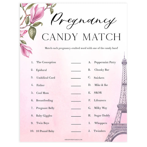 pregnancy candy match game,  Paris baby shower games, printable baby shower games, Parisian baby shower games, fun baby shower games
