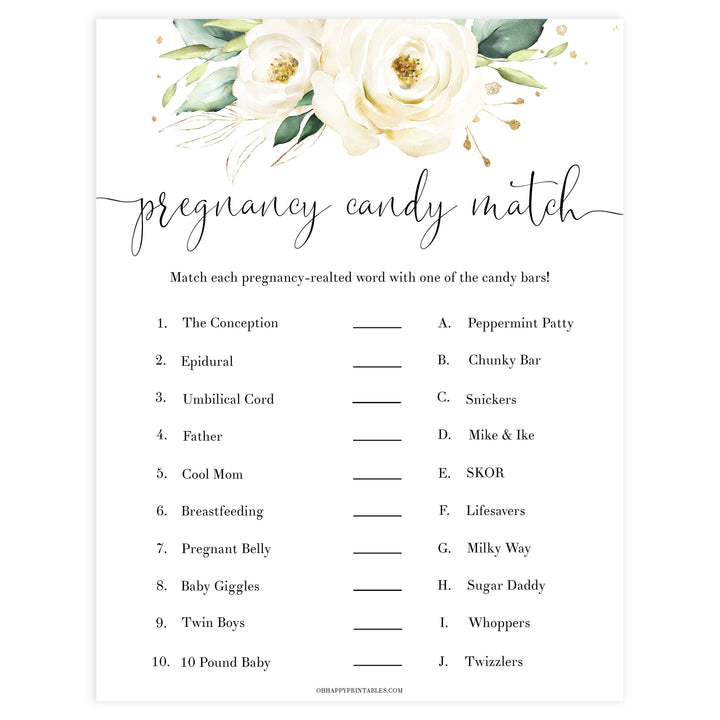 pregnancy candy match baby game, Printable baby shower games, shite floral baby games, baby shower games, fun baby shower ideas, top baby shower ideas, floral baby shower, baby shower games, fun floral baby shower ideas