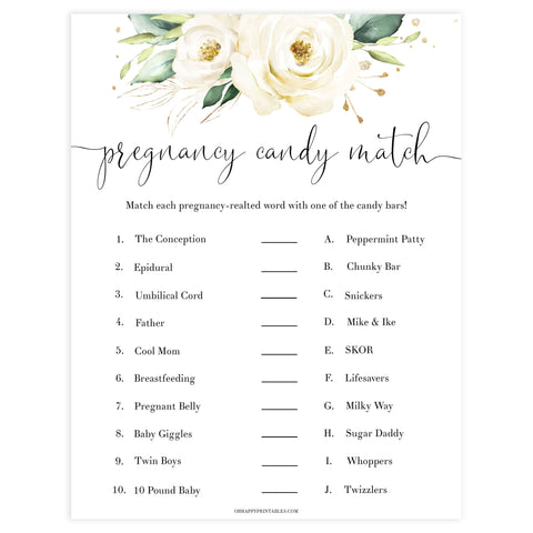 pregnancy candy match baby game, Printable baby shower games, shite floral baby games, baby shower games, fun baby shower ideas, top baby shower ideas, floral baby shower, baby shower games, fun floral baby shower ideas