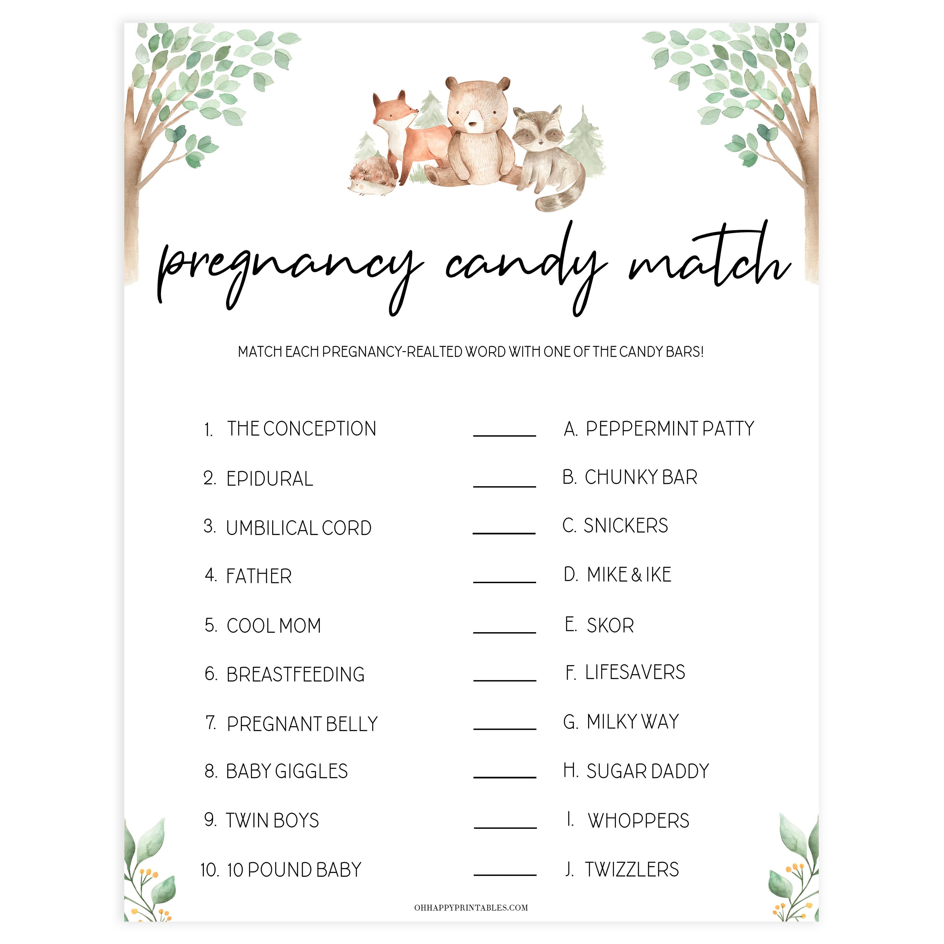 pregnancy candy match game, Printable baby shower games, woodland animals baby games, baby shower games, fun baby shower ideas, top baby shower ideas, woodland baby shower, baby shower games, fun woodland animals baby shower ideas