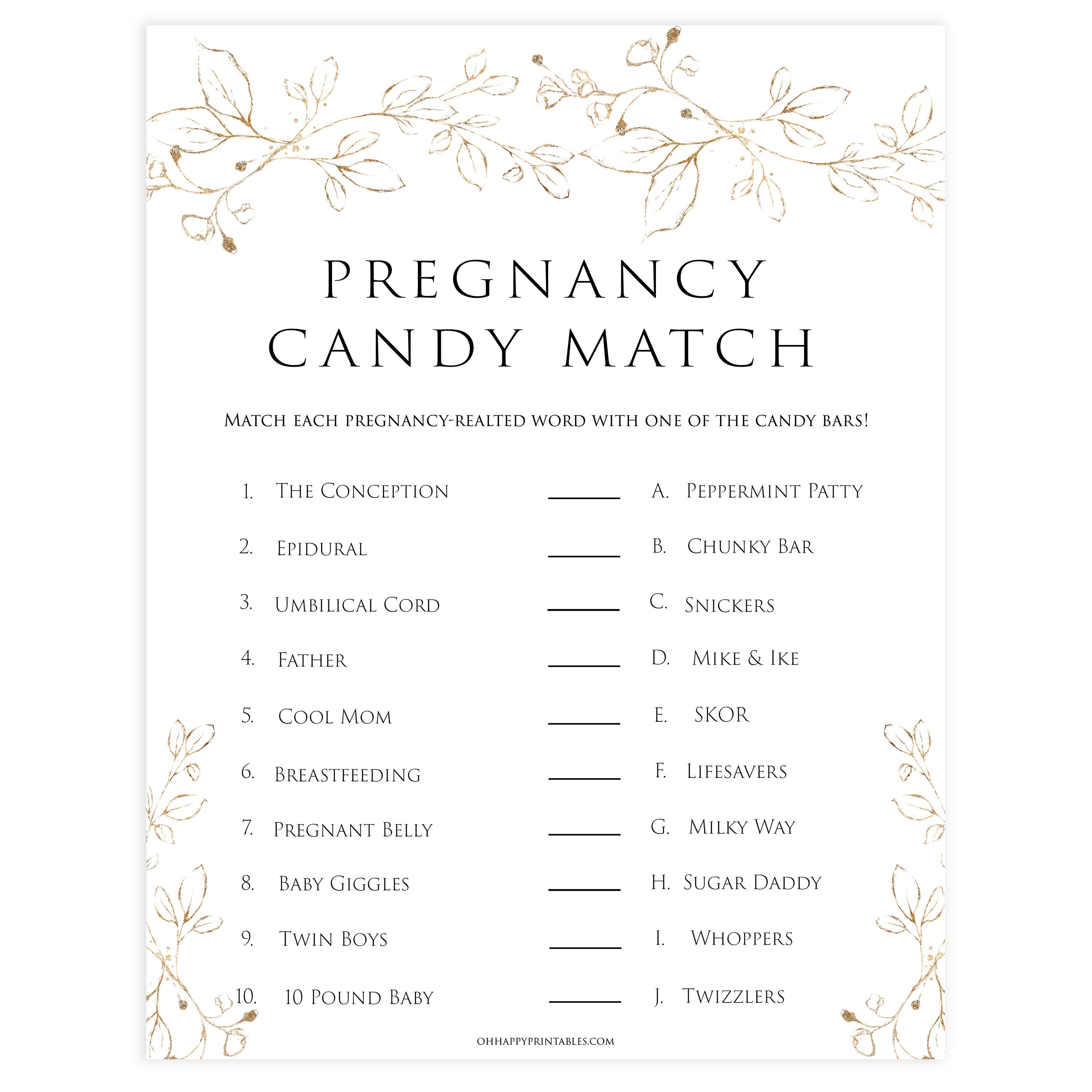 pregnancy candy match game, Printable baby shower games, gold leaf baby games, baby shower games, fun baby shower ideas, top baby shower ideas, gold leaf baby shower, baby shower games, fun gold leaf baby shower ideas