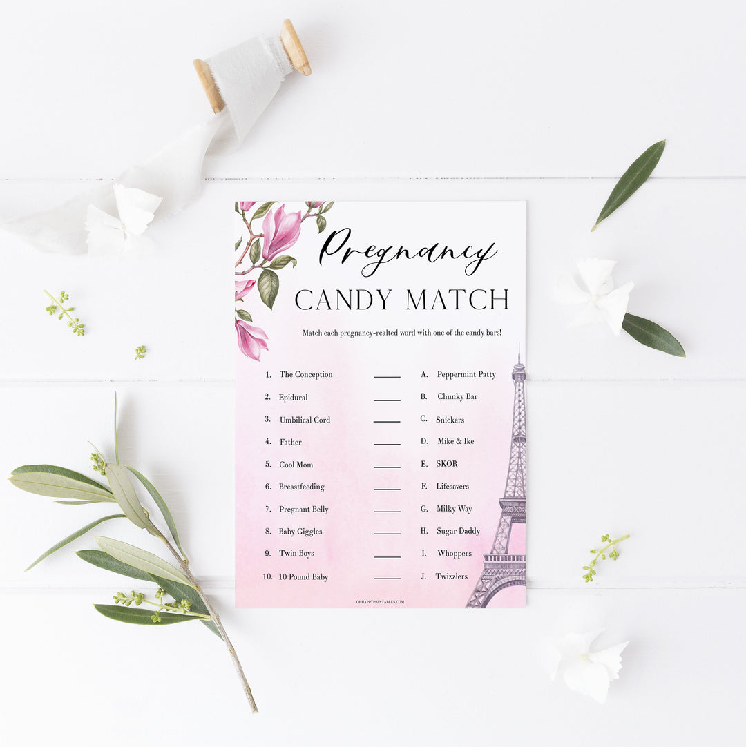 pregnancy candy match game,  Paris baby shower games, printable baby shower games, Parisian baby shower games, fun baby shower games
