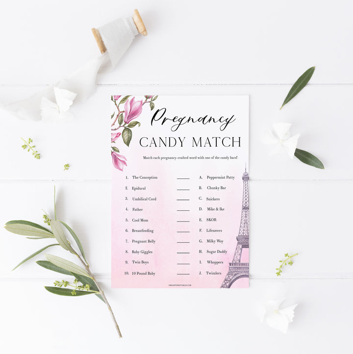 pregnancy candy match game,  Paris baby shower games, printable baby shower games, Parisian baby shower games, fun baby shower games