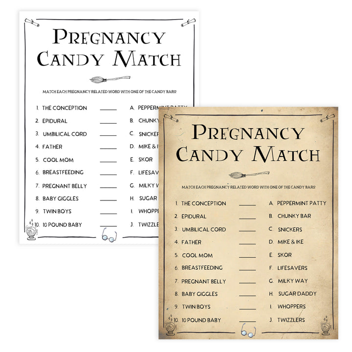 Pregnancy Candy Match Game, Wizard baby shower games, printable baby shower games, Harry Potter baby games, Harry Potter baby shower, fun baby shower games,  fun baby ideas