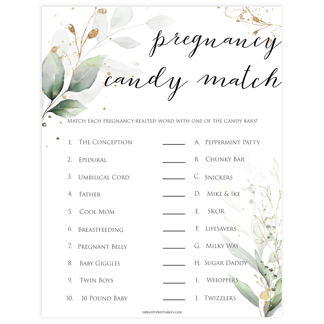 Gold green leaf baby games, pregnancy candy match, printable baby games, fun baby games, top baby games to play, gold leaf baby shower, greenery baby shower ideas