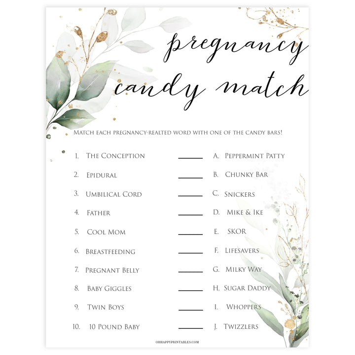 Gold green leaf baby games, pregnancy candy match, printable baby games, fun baby games, top baby games to play, gold leaf baby shower, greenery baby shower ideas