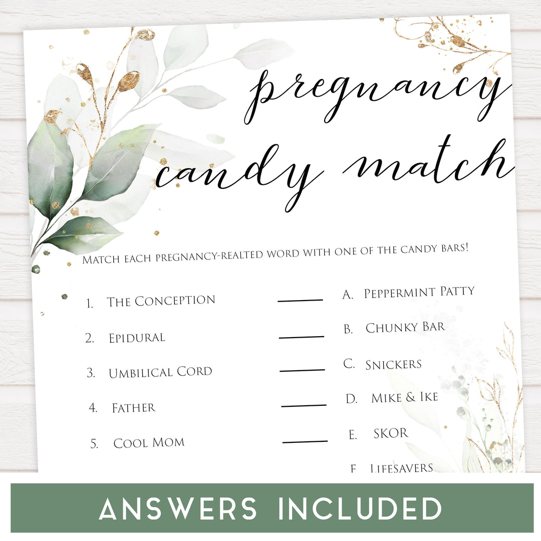 Gold green leaf baby games, pregnancy candy match, printable baby games, fun baby games, top baby games to play, gold leaf baby shower, greenery baby shower ideas