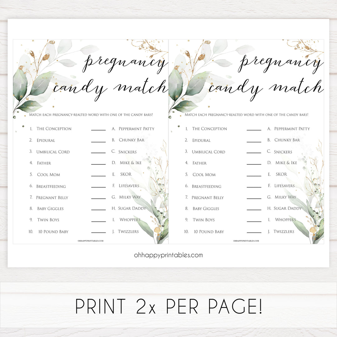 Gold green leaf baby games, pregnancy candy match, printable baby games, fun baby games, top baby games to play, gold leaf baby shower, greenery baby shower ideas