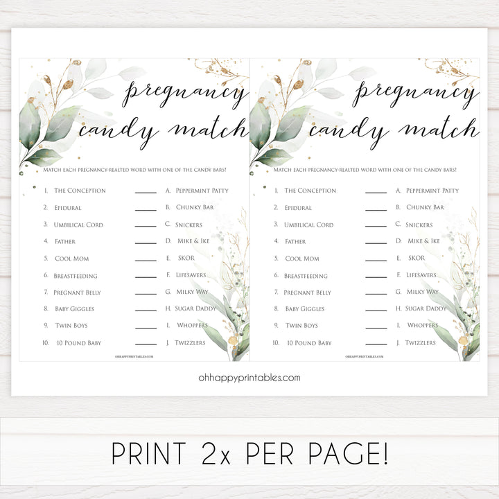 Gold green leaf baby games, pregnancy candy match, printable baby games, fun baby games, top baby games to play, gold leaf baby shower, greenery baby shower ideas