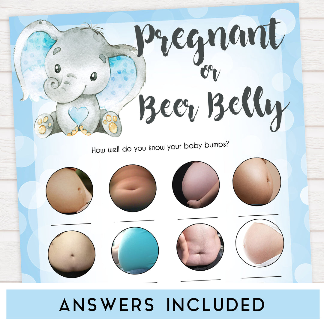Blue elephant baby games, pregnant or beer belly, elephant baby games, printable baby games, top baby games, best baby shower games, baby shower ideas, fun baby games, elephant baby shower