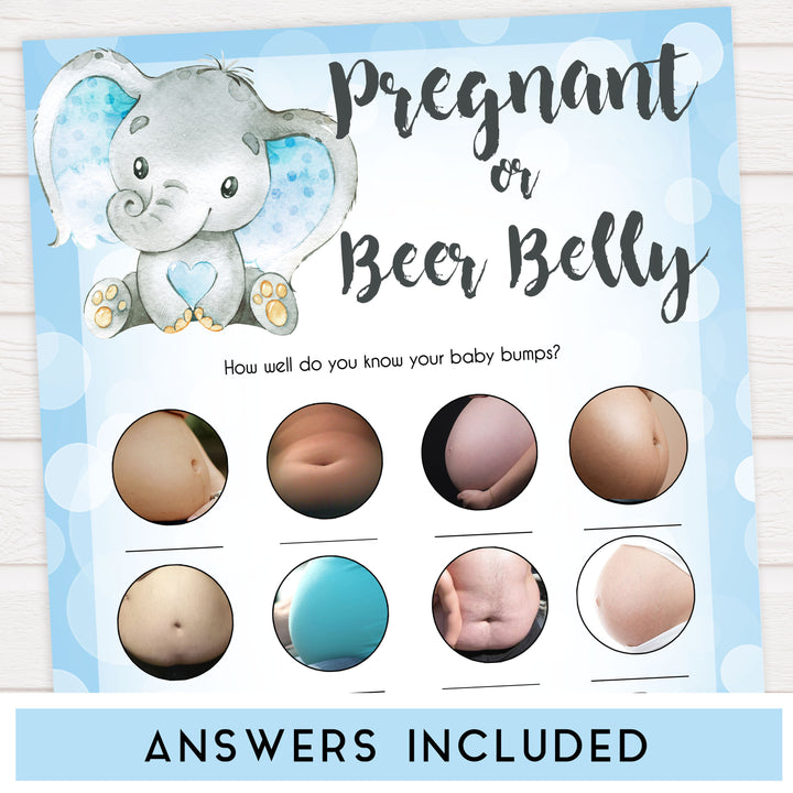 Blue elephant baby games, pregnant or beer belly, elephant baby games, printable baby games, top baby games, best baby shower games, baby shower ideas, fun baby games, elephant baby shower
