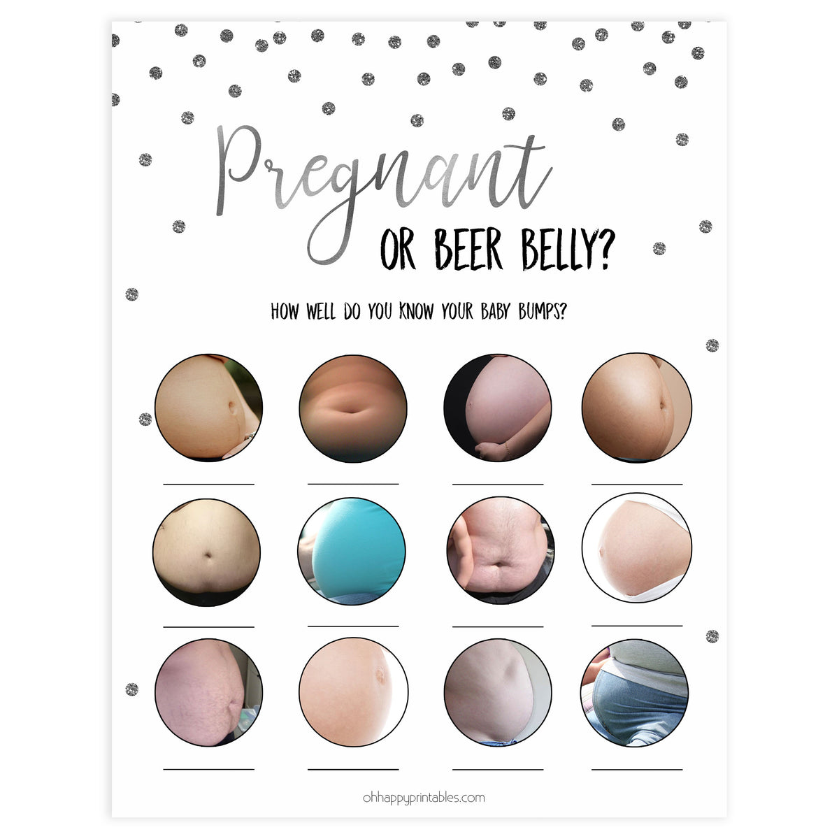 pregnant or beer belly game, Printable baby shower games, baby silver glitter fun baby games, baby shower games, fun baby shower ideas, top baby shower ideas, silver glitter shower baby shower, friends baby shower ideas
