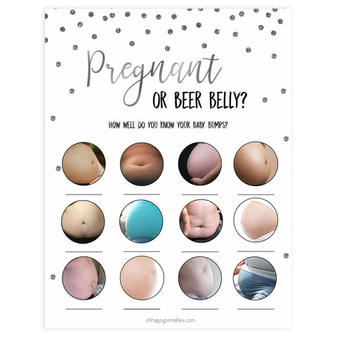 pregnant or beer belly game, Printable baby shower games, baby silver glitter fun baby games, baby shower games, fun baby shower ideas, top baby shower ideas, silver glitter shower baby shower, friends baby shower ideas