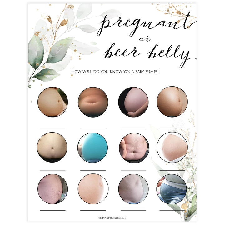 Gold green leaf baby games, pregnant or beer belly, printable baby games, fun baby games, top baby games to play, gold leaf baby shower, greenery baby shower ideas