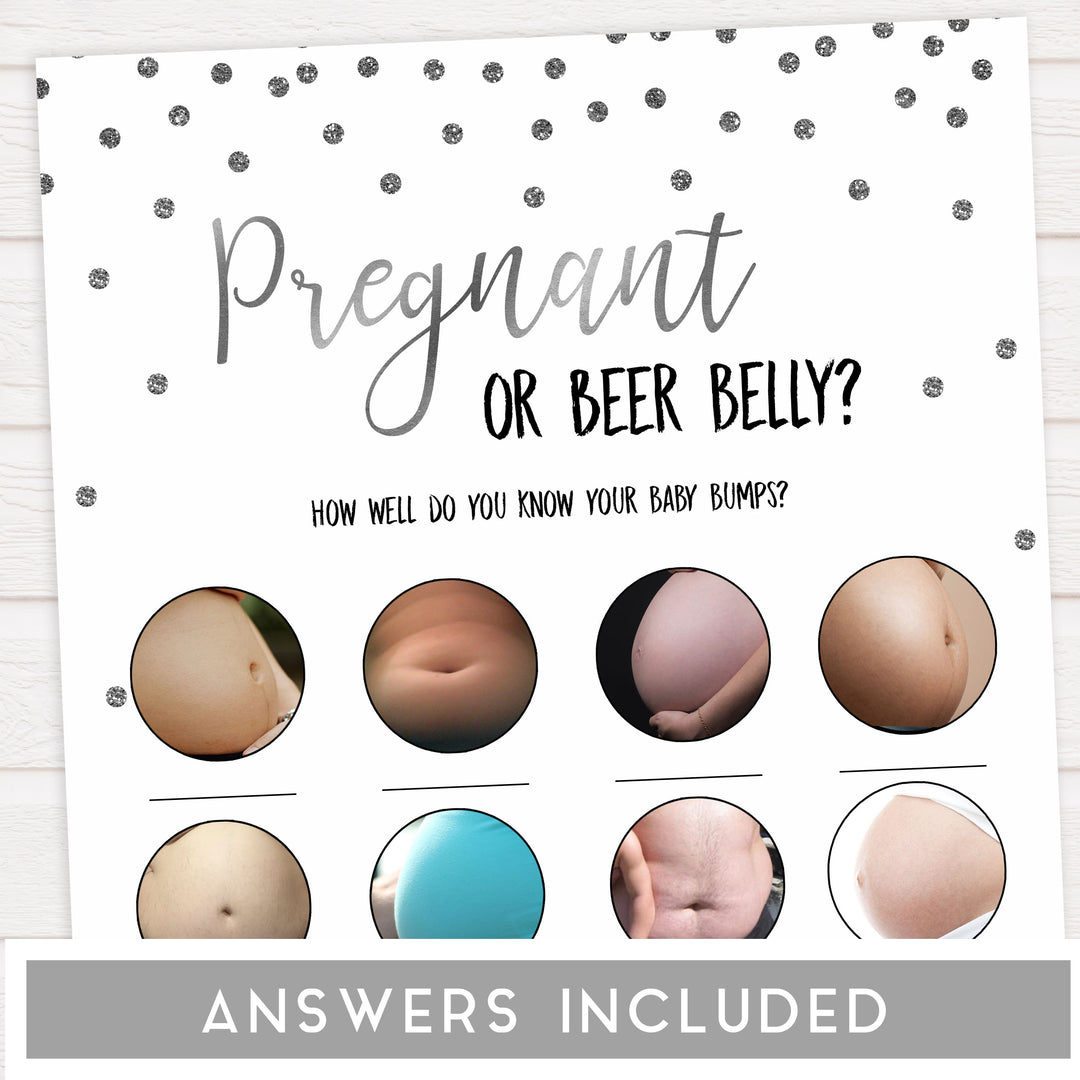 pregnant or beer belly game, Printable baby shower games, baby silver glitter fun baby games, baby shower games, fun baby shower ideas, top baby shower ideas, silver glitter shower baby shower, friends baby shower ideas