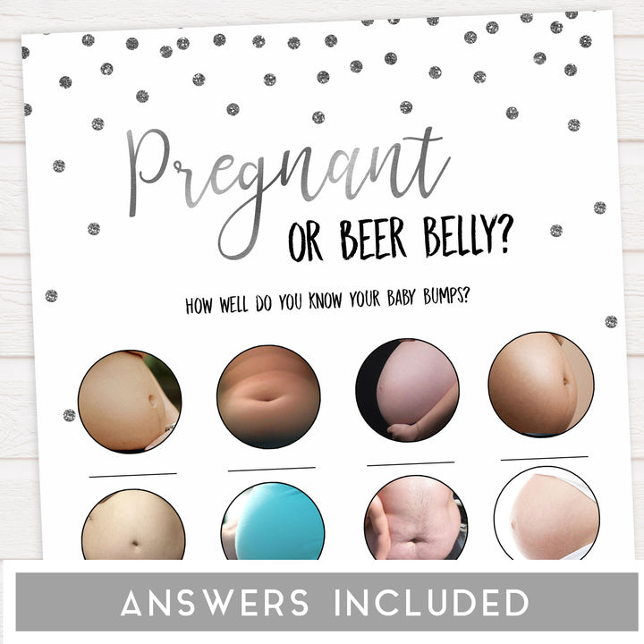 pregnant or beer belly game, Printable baby shower games, baby silver glitter fun baby games, baby shower games, fun baby shower ideas, top baby shower ideas, silver glitter shower baby shower, friends baby shower ideas