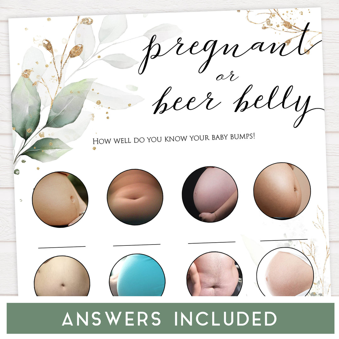 Gold green leaf baby games, pregnant or beer belly, printable baby games, fun baby games, top baby games to play, gold leaf baby shower, greenery baby shower ideas