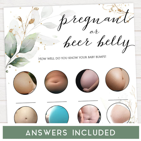 Gold green leaf baby games, pregnant or beer belly, printable baby games, fun baby games, top baby games to play, gold leaf baby shower, greenery baby shower ideas