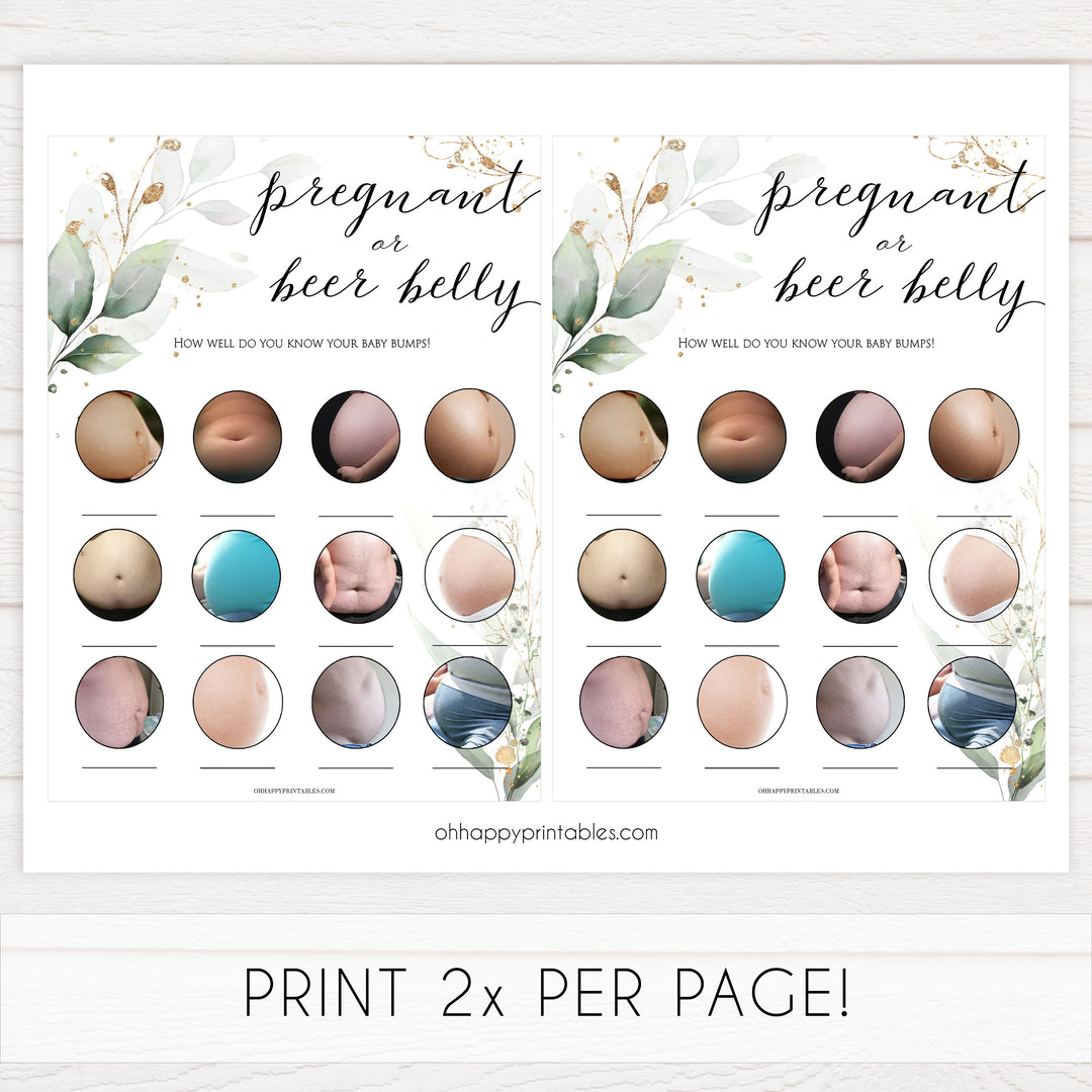 Gold green leaf baby games, pregnant or beer belly, printable baby games, fun baby games, top baby games to play, gold leaf baby shower, greenery baby shower ideas