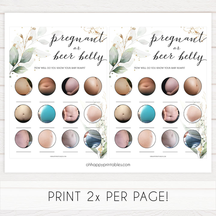 Gold green leaf baby games, pregnant or beer belly, printable baby games, fun baby games, top baby games to play, gold leaf baby shower, greenery baby shower ideas