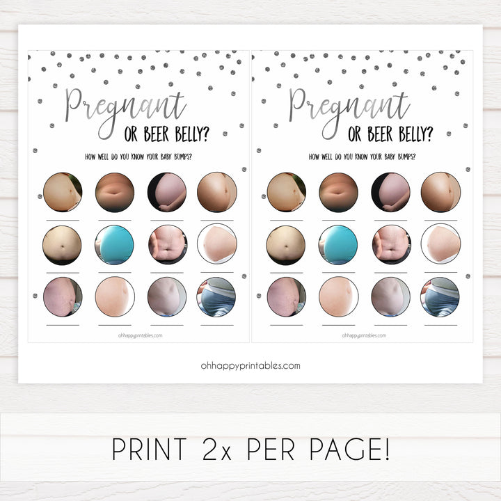 pregnant or beer belly game, Printable baby shower games, baby silver glitter fun baby games, baby shower games, fun baby shower ideas, top baby shower ideas, silver glitter shower baby shower, friends baby shower ideas