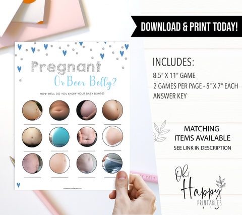 pregnant or beer belly game, pregnant belly, Printable baby shower games, small blue hearts fun baby games, baby shower games, fun baby shower ideas, top baby shower ideas, silver baby shower, blue hearts baby shower ideas
