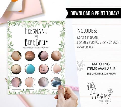 Pregnant or Beer Belly Game, Baby Shower Game, Baby Bump or Beer Belly, Pregnant or Beer Belly Game, Greenery, Funny Baby Shower Games, fun baby games, popular baby games, printable baby games